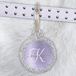 Purple Brushed Metal Silver Glitter Monogram Name Pet ID Tag<br><div class="desc">Easily personalize this trendy chic pet ID tag design featuring pretty silver sparkling glitter on a purple brushed metallic background.</div>
