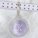 Purple Brushed Metal Silver Glitter Monogram Name Pet ID Tag<br><div class="desc">Easily personalize this trendy chic pet ID tag design featuring pretty silver sparkling faux glitter on a purple brushed metallic background.</div>