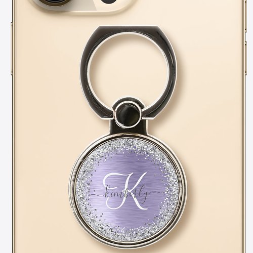 Purple Brushed Metal Silver Glitter Monogram Name Phone Ring Stand