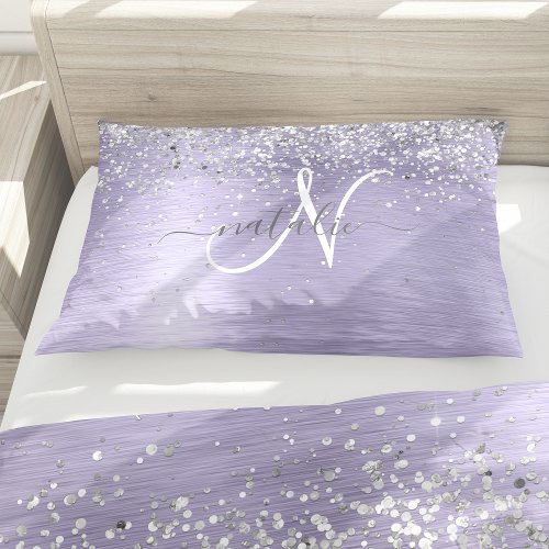 Purple Brushed Metal Silver Glitter Monogram Name Pillow Case