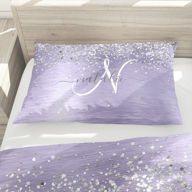 Purple Brushed Metal Silver Glitter Monogram Name Pillow Case (Creator Uploaded)