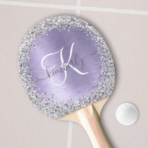 Purple Brushed Metal Silver Glitter Monogram Name Ping Pong Paddle
