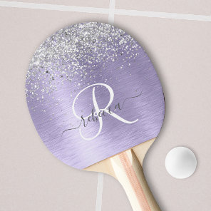 Purple Brushed Metal Silver Glitter Monogram Name Ping Pong Paddle