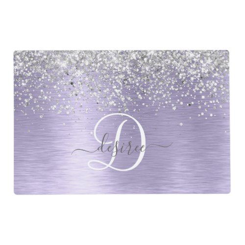 Purple Brushed Metal Silver Glitter Monogram Name Placemat