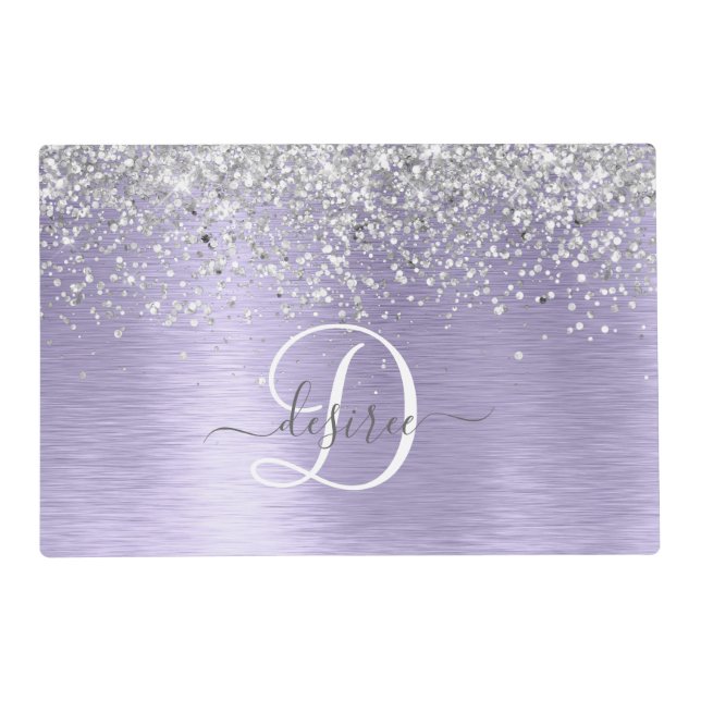 Purple Brushed Metal Silver Glitter Monogram Name Placemat (Front)