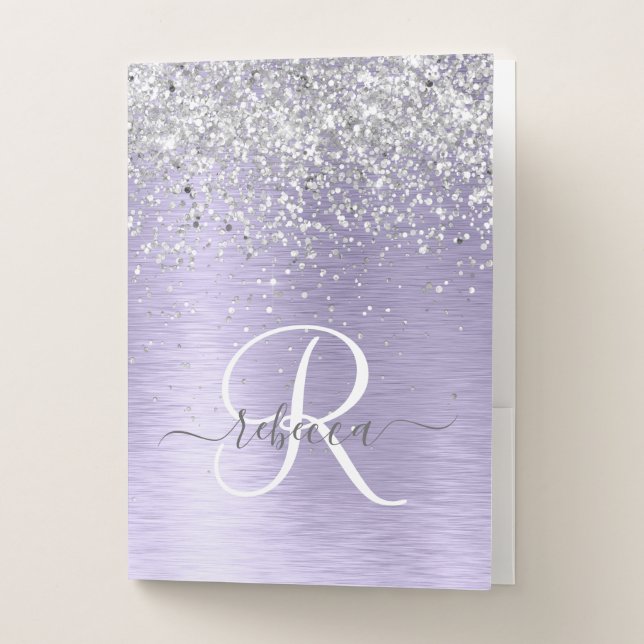 Purple Brushed Metal Silver Glitter Monogram Name Pocket Folder (Front)