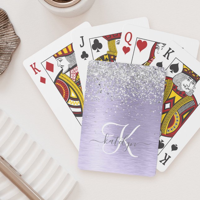 Purple Brushed Metal Silver Glitter Monogram Name Poker Cards (Creator Uploaded)