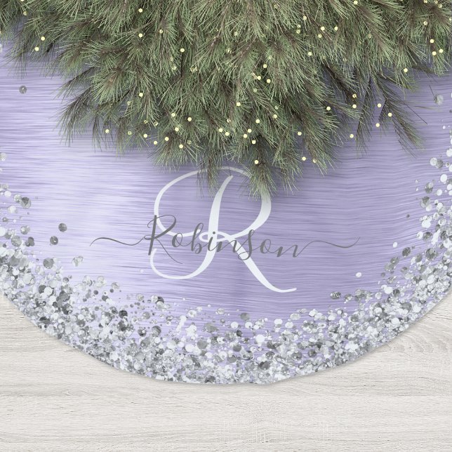 Purple Brushed Metal Silver Glitter Monogram Name Polyester Tree Skirt (Creator Uploaded)