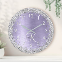 Purple Brushed Metal Silver Glitter Monogram Name Round Clock