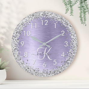 Purple Brushed Metal Silver Glitter Monogram Name Round Clock
