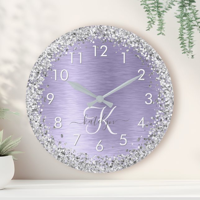 Purple Brushed Metal Silver Glitter Monogram Name Round Clock (Creator Uploaded)