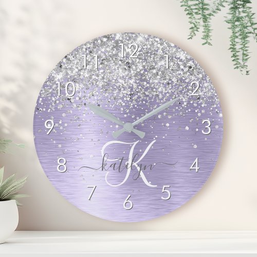 Purple Brushed Metal Silver Glitter Monogram Name Round Clock