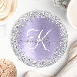 Purple Brushed Metal Silver Glitter Monogram Name Round Paper Coaster<br><div class="desc">Easily personalize this trendy chic coaster design featuring pretty silver sparkling glitter on a purple brushed metallic background.</div>