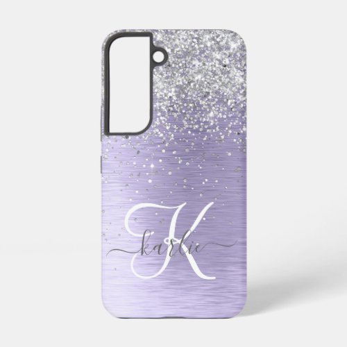 Purple Brushed Metal Silver Glitter Monogram Name Samsung Galaxy S22 Case