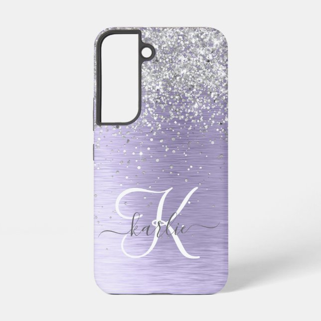 Purple Brushed Metal Silver Glitter Monogram Name Samsung Galaxy Case (Back)