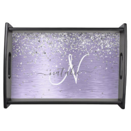 Purple Brushed Metal Silver Glitter Monogram Name Serving Tray
