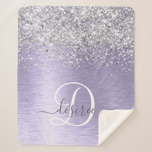 Purple Brushed Metal Silver Glitter Monogram Name Sherpa Blanket