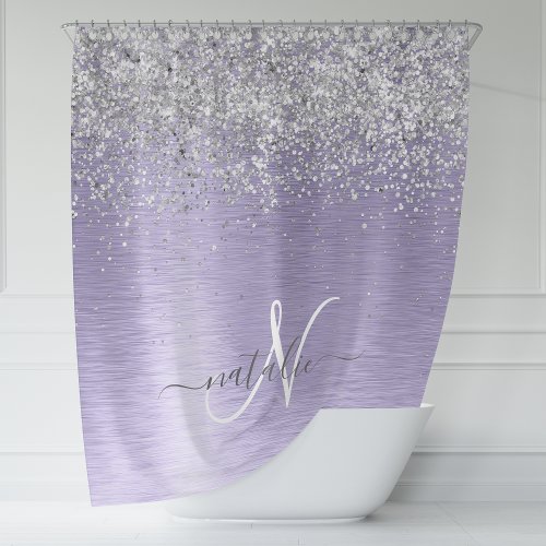 Purple Brushed Metal Silver Glitter Monogram Name Shower Curtain