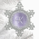 Purple Brushed Metal Silver Glitter Monogram Name Snowflake Pewter Christmas Ornament<br><div class="desc">Easily personalize this trendy chic snowflake framed Christmas ornament design featuring pretty silver sparkling glitter on a purple brushed metallic background.</div>