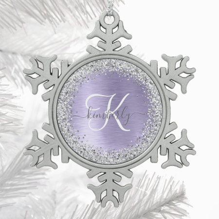 Purple Brushed Metal Silver Glitter Monogram Name Snowflake Pewter Chr
