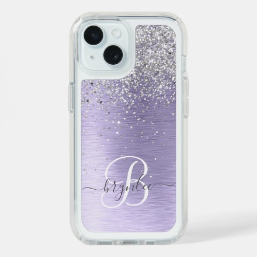 Purple Brushed Metal Silver Glitter Monogram Name iPhone 15 Case