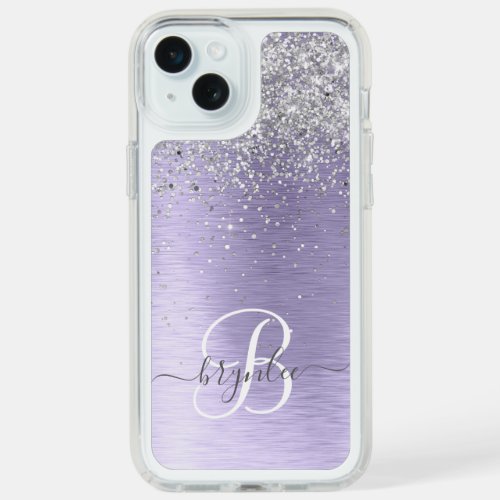 Purple Brushed Metal Silver Glitter Monogram Name iPhone 15 Plus Case