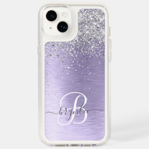 Purple Brushed Metal Silver Glitter Monogram Name Speck iPhone 14 Plus Case