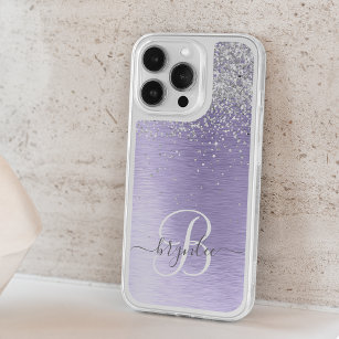 Purple Brushed Metal Silver Glitter Monogram Name Speck iPhone 14 Pro Case