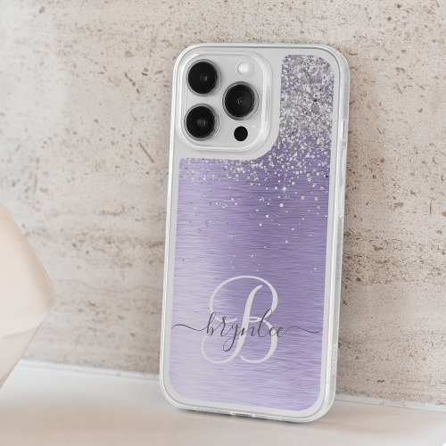 Purple Brushed Metal Silver Glitter Monogram Name iPhone 15 Pro Case