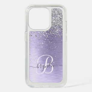 Purple Brushed Metal Silver Glitter Monogram Name iPhone 15 Pro Case