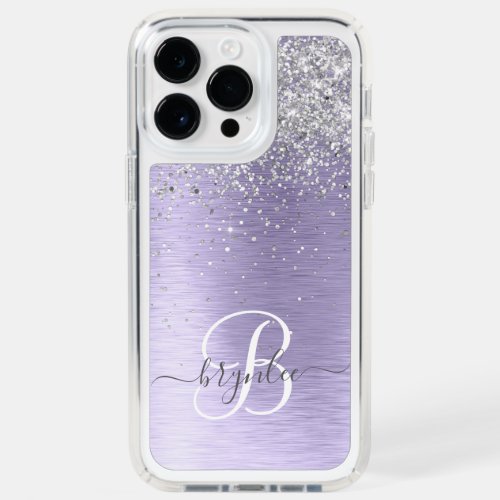 Purple Brushed Metal Silver Glitter Monogram Name Speck iPhone 14 Pro Max Case