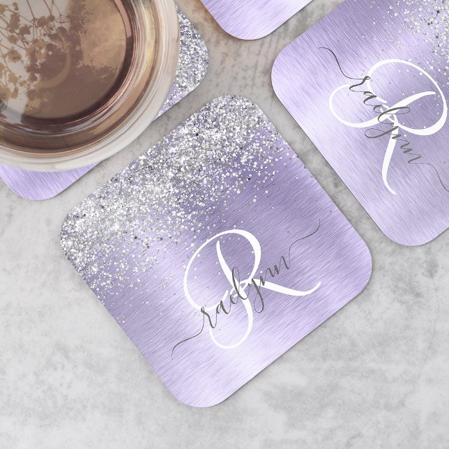 Purple Brushed Metal Silver Glitter Monogram Name Square Paper Coaster (Creator Uploaded)