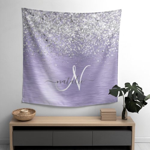 Purple Brushed Metal Silver Glitter Monogram Name Tapestry