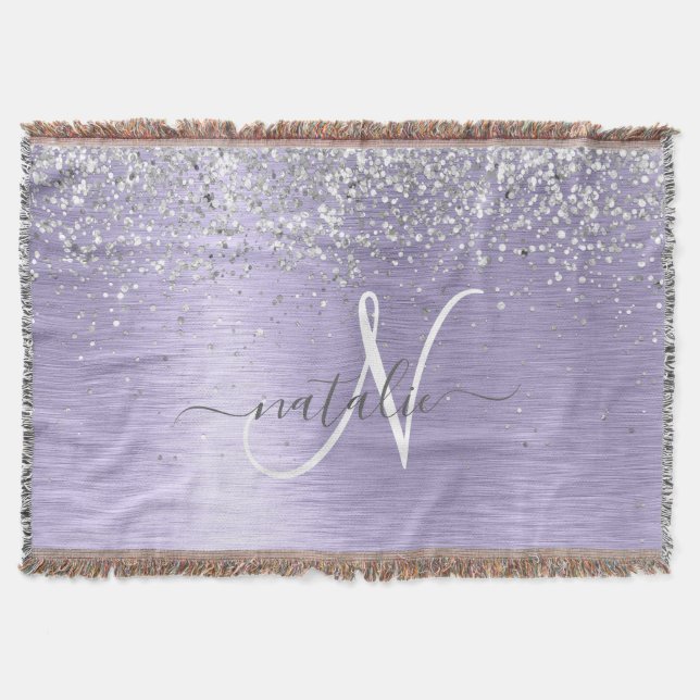 Purple Brushed Metal Silver Glitter Monogram Name Throw Blanket (Front)