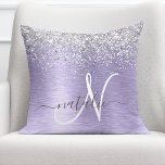 Purple Brushed Metal Silver Glitter Monogram Name Throw Pillow<br><div class="desc">Easily personalize this trendy chic throw pillow design featuring pretty silver sparkling glitter on a purple brushed metallic background.</div>