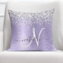 Purple Brushed Metal Silver Glitter Monogram Name Throw Pillow