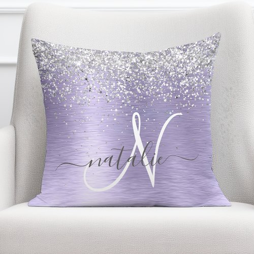 Purple Brushed Metal Silver Glitter Monogram Name Throw Pillow