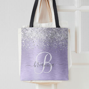 Purple Brushed Metal Silver Glitter Monogram Name Tote Bag