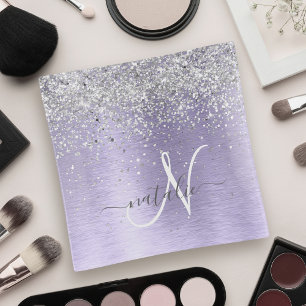 Purple Brushed Metal Silver Glitter Monogram Name Trinket Tray