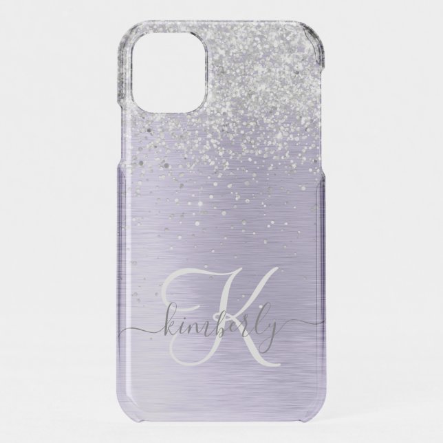 Purple Brushed Metal Silver Glitter Monogram Name Uncommon iPhone Case (Back)