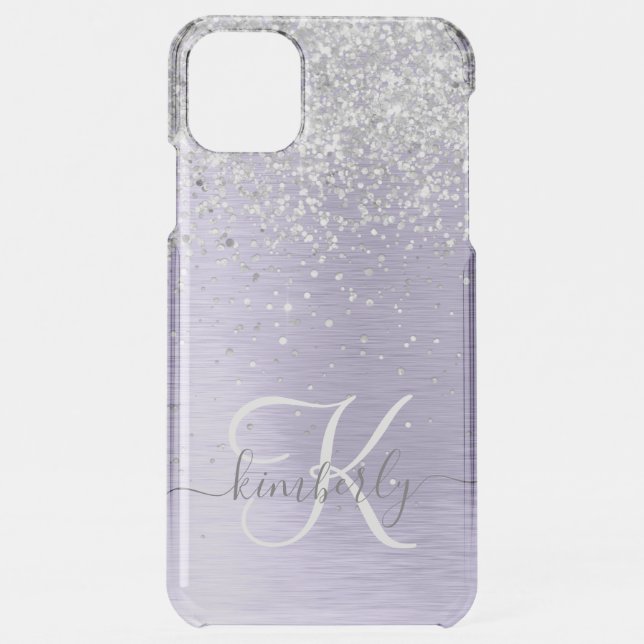 Purple Brushed Metal Silver Glitter Monogram Name Uncommon iPhone Case (Back)