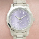 Purple Brushed Metal Silver Glitter Monogram Name Watch<br><div class="desc">Easily personalize this trendy chic watch design featuring pretty silver sparkling glitter on a purple brushed metallic background.</div>