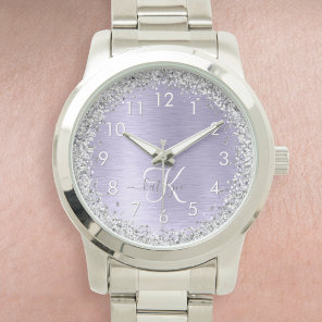 Purple Brushed Metal Silver Glitter Monogram Name Watch