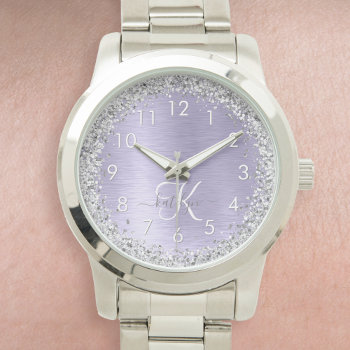 Purple Brushed Metal Silver Glitter Monogram Name Watch by sweetbirdiestudio at Zazzle