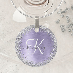 Purple Brushed Metal Silver Glitter Monogram Name Wine Charm