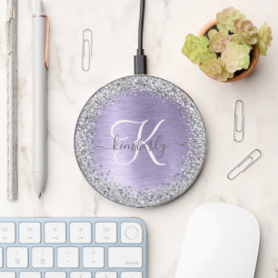 Purple Brushed Metal Silver Glitter Monogram Name Wireless Charger