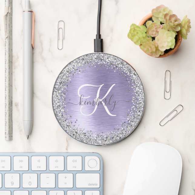 Purple Brushed Metal Silver Glitter Monogram Name Wireless Charger (Desk)