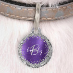 Purple Brushed Metal Silver Glitter Monogram  Pet ID Tag<br><div class="desc">This glam personalized pet ID tag features your pet's monogram initial and name in modern gray and white script on a purple brushed metal background framed by silver faux glitter. Add your phone number on the reverse.</div>