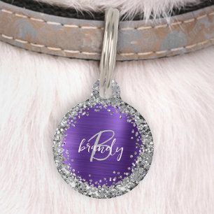 Purple Brushed Metal Silver Glitter Monogram Pet ID Tag