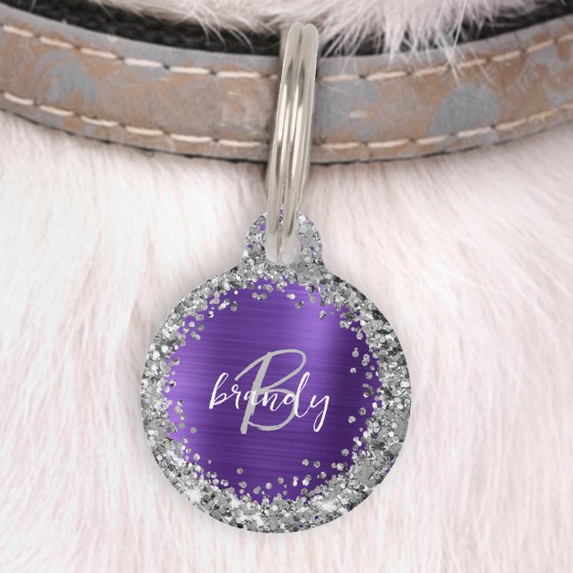 Purple Brushed Metal Silver Glitter Monogram  Pet ID Tag (Creator Uploaded)
